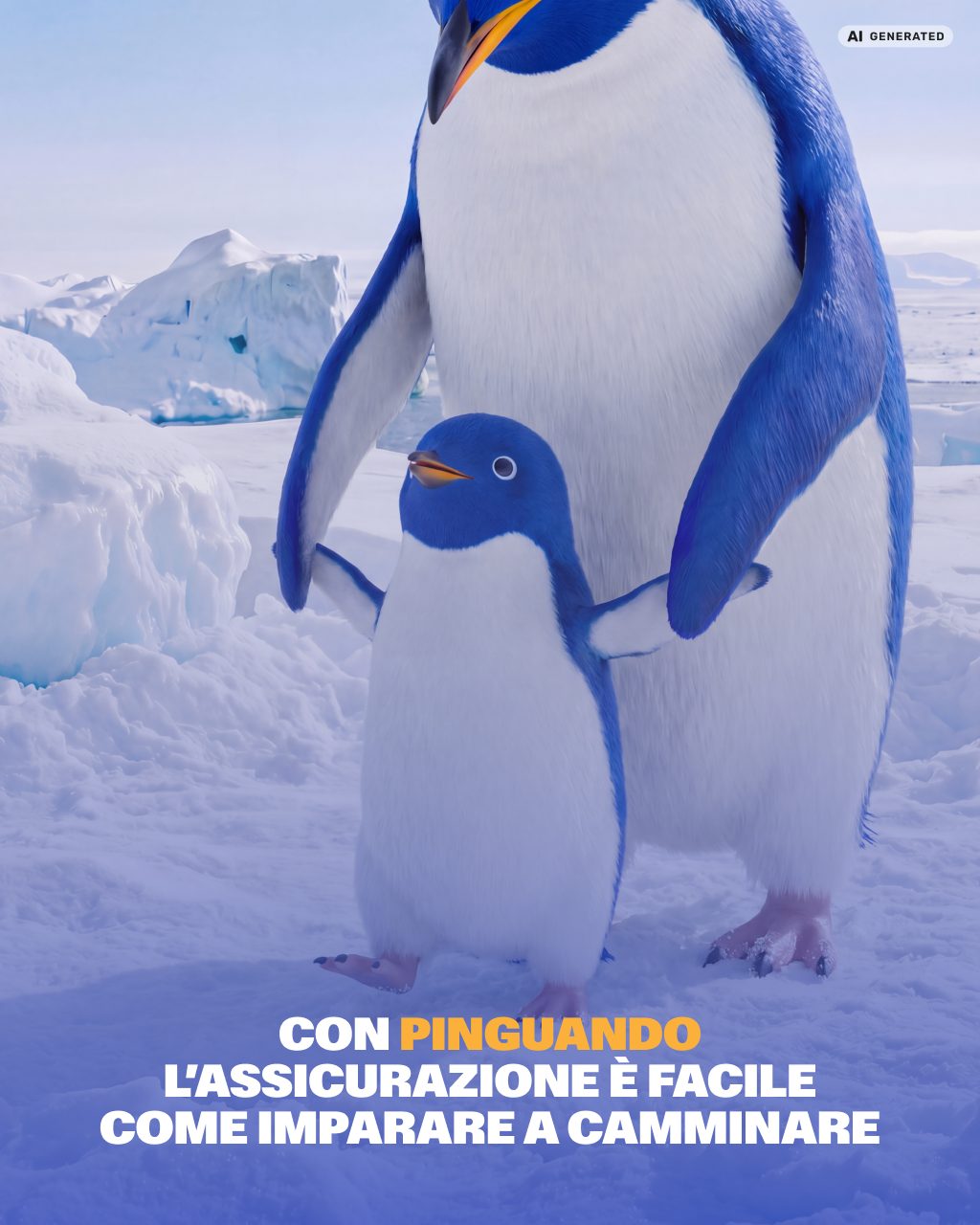 La mascotte Pinguando cammina per mano di un piccolo pinguino sulla neve