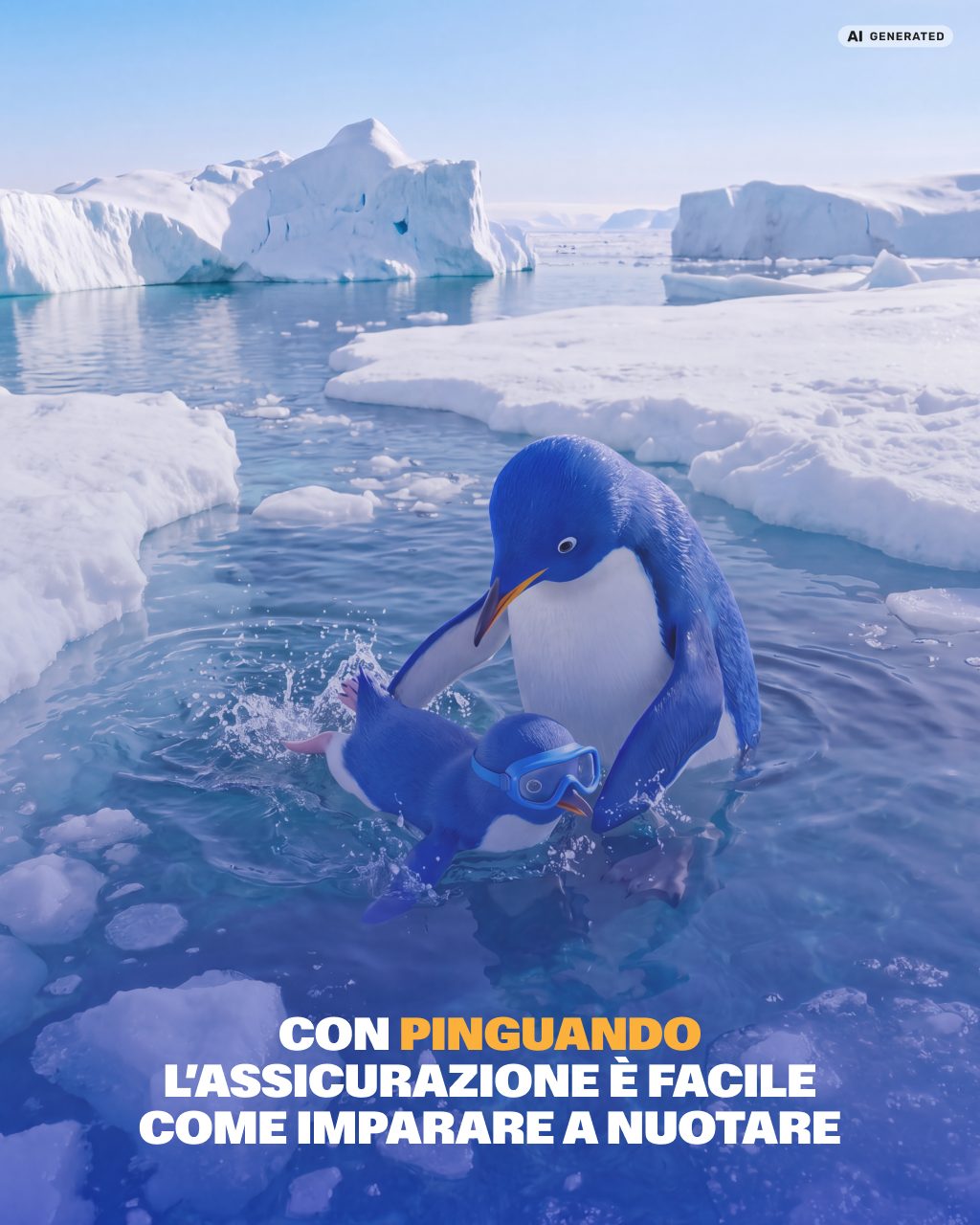 La mascotte Pinguando insegna a nuotare a un piccolo pinguino tra i ghiacci